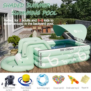 Inflatable Pool with Canopy and Slide,Large Inflatable Swimming Pool for Persons,Family Pool for Backyard, Outdoor 1