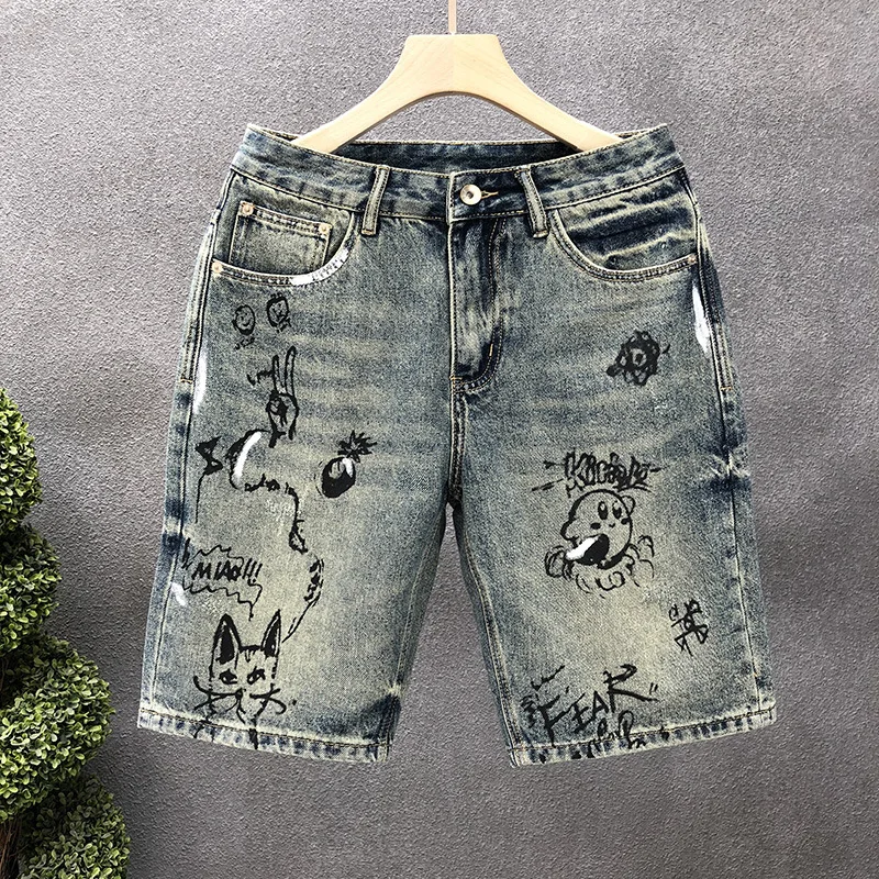 2024 New Denim Printed Shorts For Men'S Summer High-End Fashion Trend Brand Retro Casual Loose Leg Washed Knee Pants