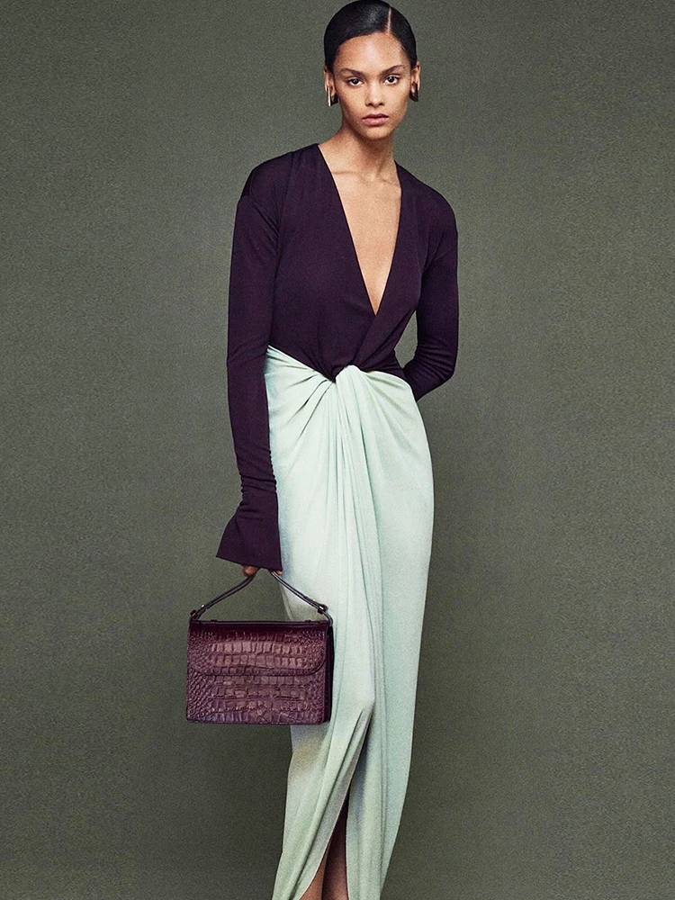 Nibber Fashion Contrast Color Patchwork Long Dress Woman Deep V-Neck Flared Sleeve Ruched Hem Street Elegant Skinny Vestidos