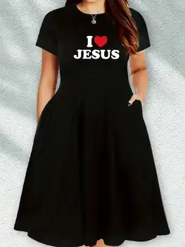 2026 casual versatile "I Love Jesus" printed black plus size round neck short sleeved dress, suitable for daily travel 1