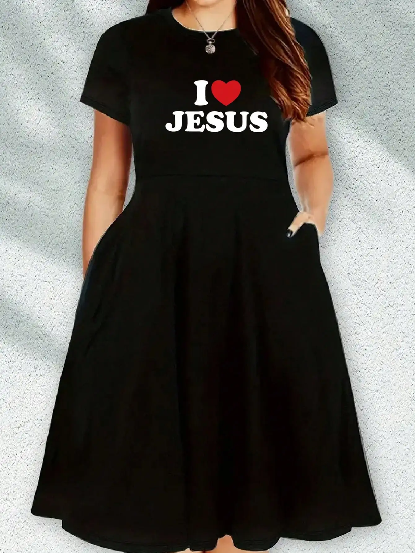2026 Casual Versatile 'I Love Jesus' Printed Black Plus Size Round Neck Short Sleeved Dress, Suitable for Daily Travel