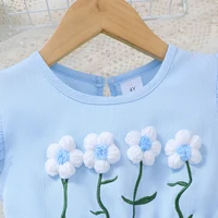 Robe d'été pour filles de 1 à 6 ans, 3 pièces, bleu, sans manches, style A-line, robe décontractée pour enfants avec fleurs en laine 3D + petite poche 4