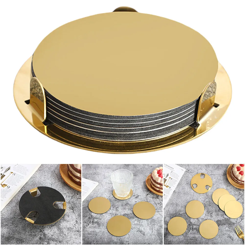 6Pcs Stainless Steel Coasters Gold Cup Coasters Set with Holder Mirror Drink Coasters Metal Cup Coasters for Coffee Mug Tea Cup