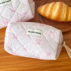 Pink Bowknot Quilted Cosmetic Bag - Portable Zipper Makeup Travel Organizer & Handbag (Small)