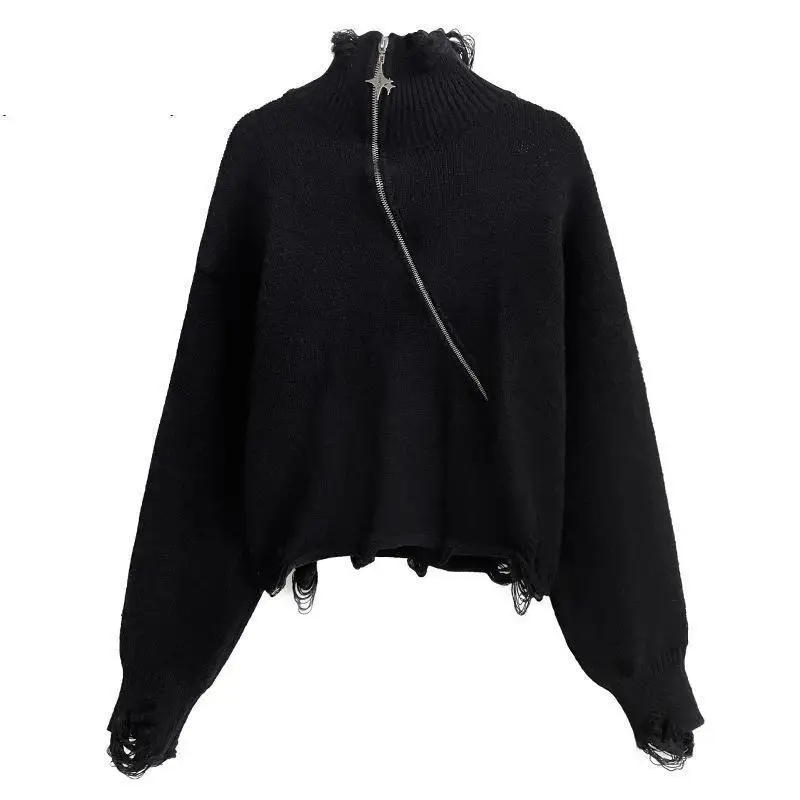 

TNFS Women Sweater Asymmetry Turtleneck Short Pullover Sweaters Fashion Loose Holes Black Knitting Pullover For Women 2023