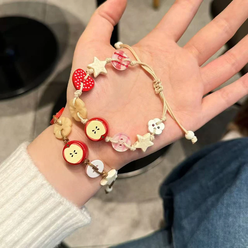 Handmade Ceramic Apple Bracelet - Adjustable Woven Cord with Cartoon Beads for Women
