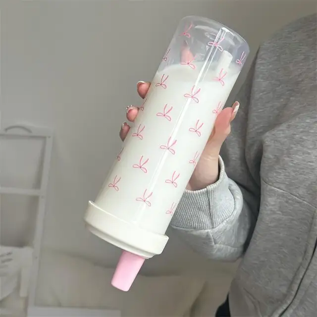 500/850ML Pink Bow Straw Water Bottle With Lid Cute Coffee Bubble Milk Tea Plastic Cup For Outdoor School Drinking Water Bottles 3