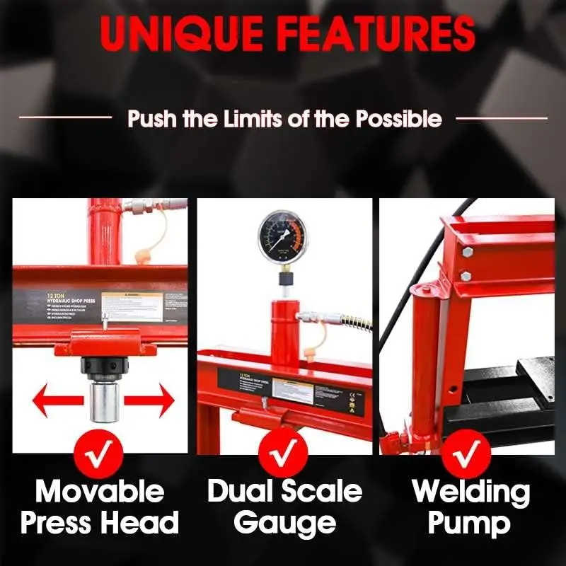 Steel H-Shape Hydraulic Garage/Shop Benchtop Press with Stamping Plates 12 Ton (24,000 lb) Capacity Red