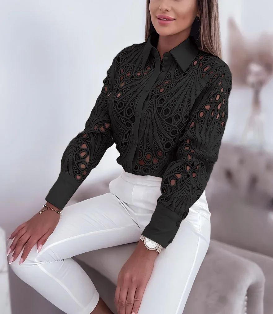 Nueva camisa de manga larga calada de encaje de moda para mujer 2025  primavera otoño elegante blusa de oficina para mujer camisas informales con  botones - AliExpress, image size:881x1013