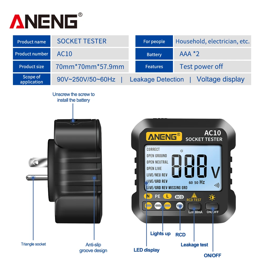 Socket Tester ANENG AC10 Socket Tester Plug Detector Zero Line Plug Polarity Phase Check Phase Detector US/EU Multimeter Digital Tester