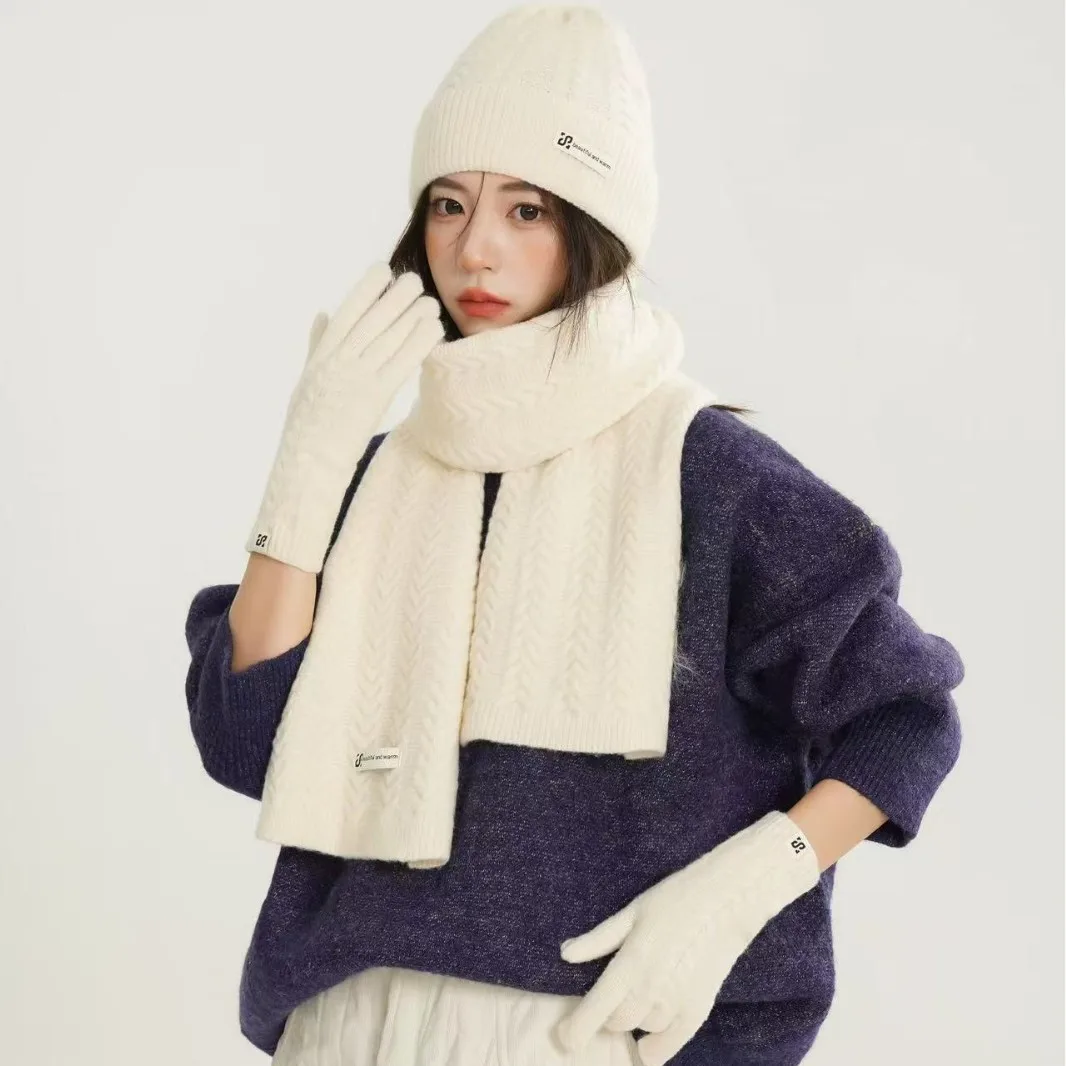 Winter Warm Knitted Hat Scarf Gloves Women's Windproof Adult Three-piece Set Scarves Solid Color Fashion Korean Hats for Women