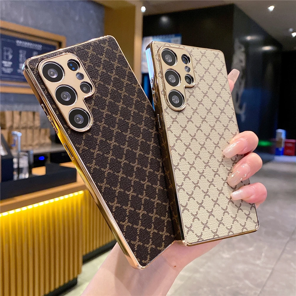 Luxury Gold Plating Glitter Retro Grid Leather Phone Case