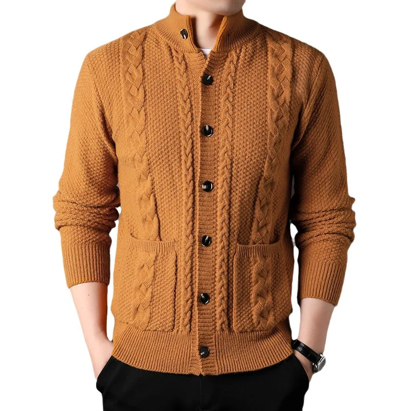 Mens Stand Collar Cardigan Sweaters 2023 Green Button Down Cable Knited Sweater Autumn Winter Fashion Solid Outwear with Pockets 3