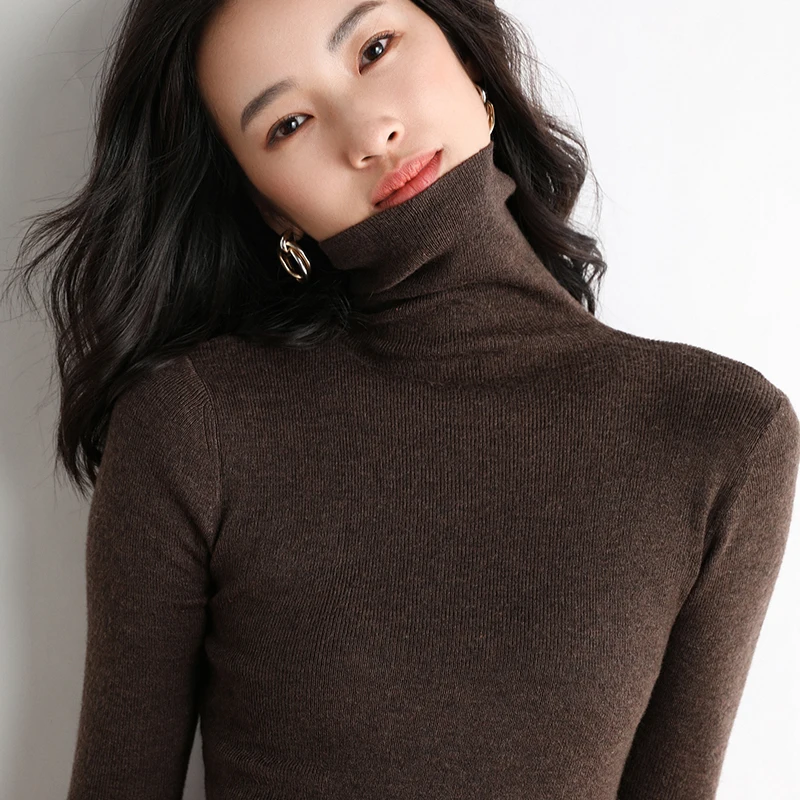 

Women's Pullover Spring/Autumn Worsted Wool Sweater Casual Solid Color Knitwear Ladies' Tops Slim High Neck Blouse