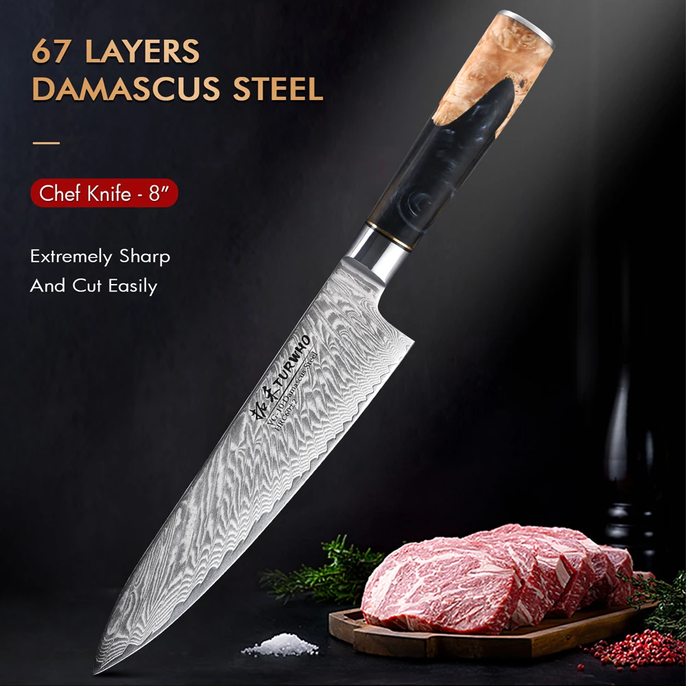 TURWHO 8 Inch Chef Knife Gyuto Knife Japanese Style VG10 Core Damascus Kitchen Knives Stainless Steel Butcher Knife Resin Handle 1