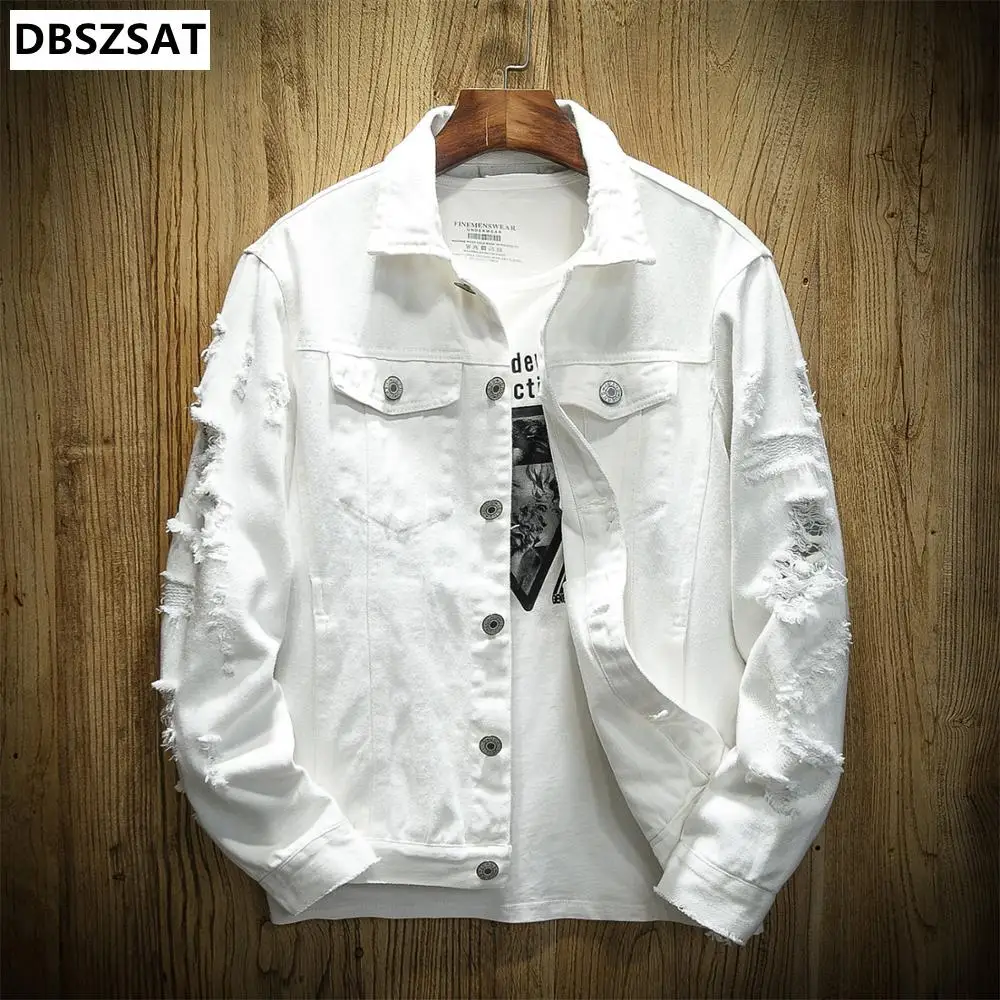 

Осенняя джинсовая куртка с дырками, мужские рваные ковбойские куртки, пальто, мужские облегающие однотонные повседневные пальто, хлопковая стандартная джинсовая куртка в стиле хип-хоп