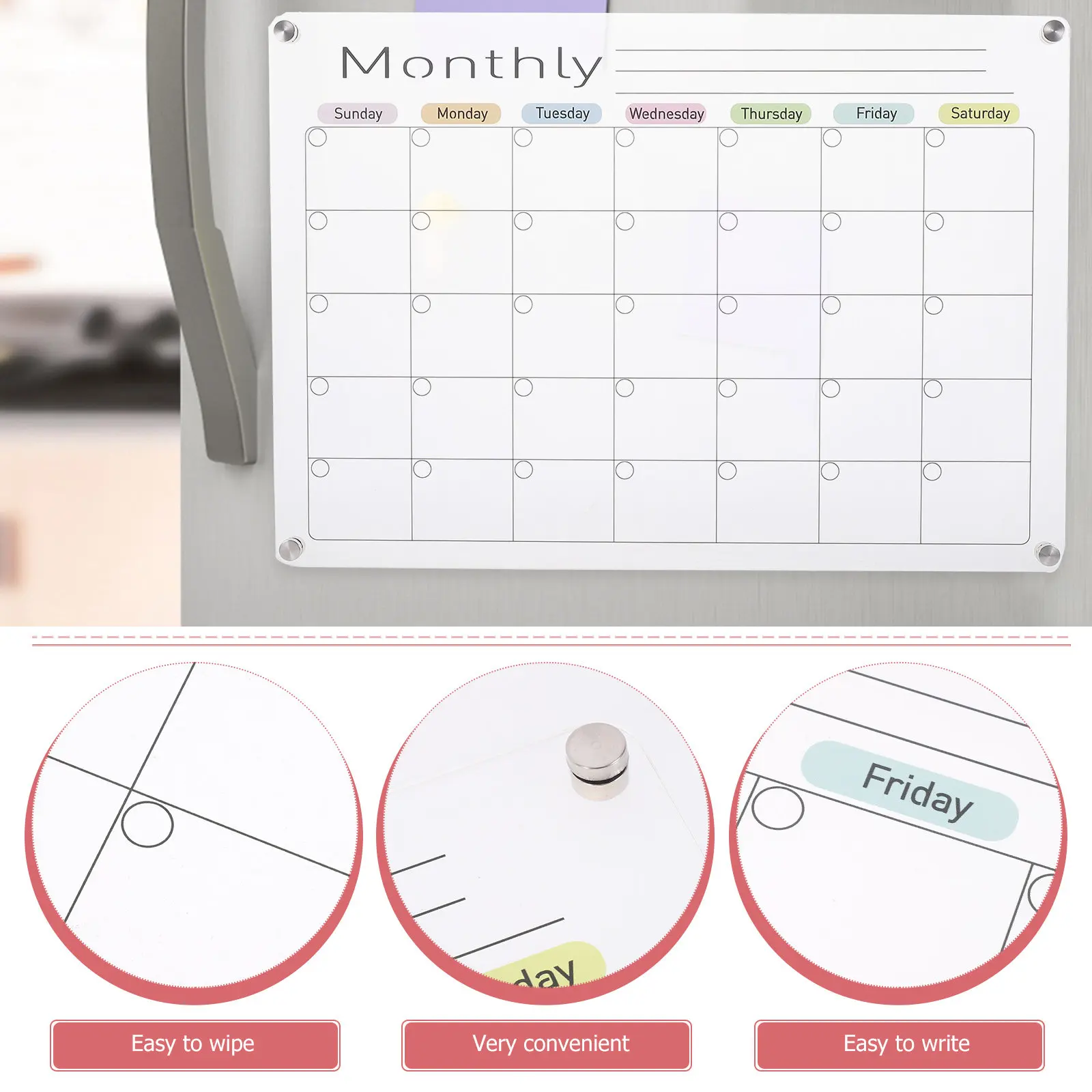 자석 아크릴 냉장고 메시지 보드 드라이 이레이즈 스케줄 플래너 화이트보드 주방 사무실 냉장고 캘린더 정리함