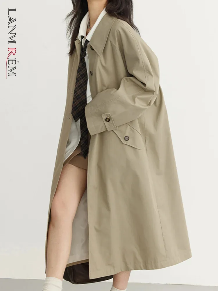

[LANMREM] Minimalism Loose Trench For Women Solid Lapel Long Sleeve Single Breasted Office Outwear 2024 Spring New Clothing