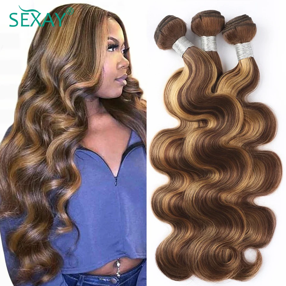 

Highlight Body Wave Human Hair Bundles 1 Pc Sexay Pre Colored Hair Weave Extensions P4/27 Color Straight Hair Weave For Sale
