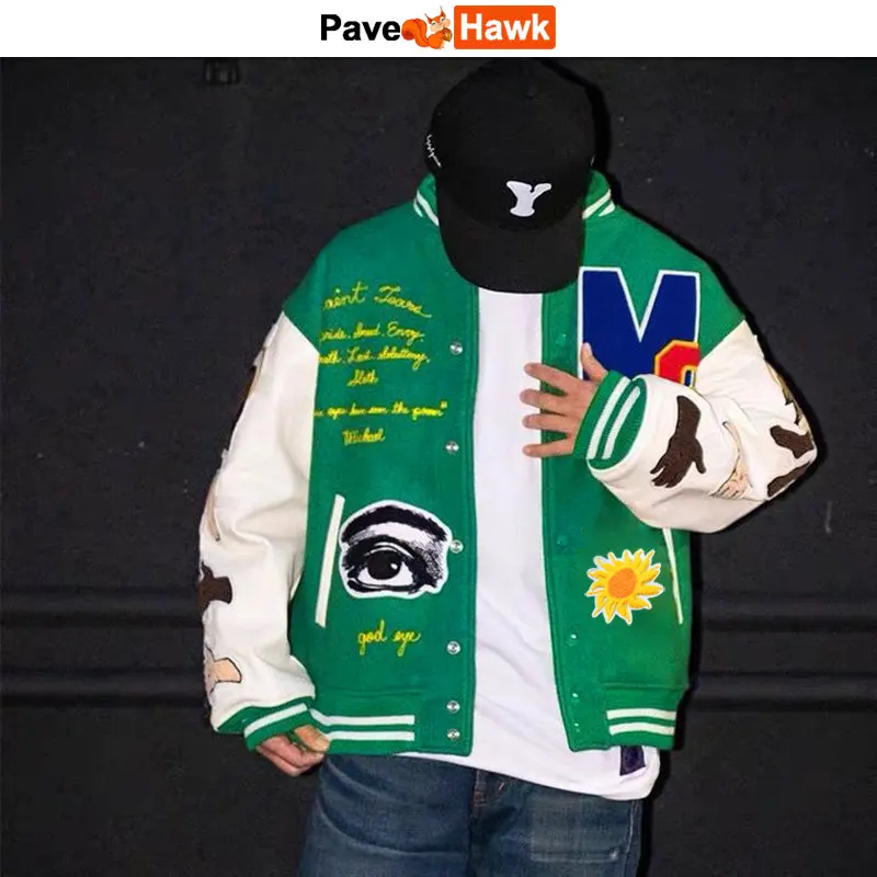 

Mens Kanye Baseball Jacket Sun Embroidery Flocking Varsity Jackets PU Leather Coat Couple Oversize Autumn Winter Streetwear Tops
