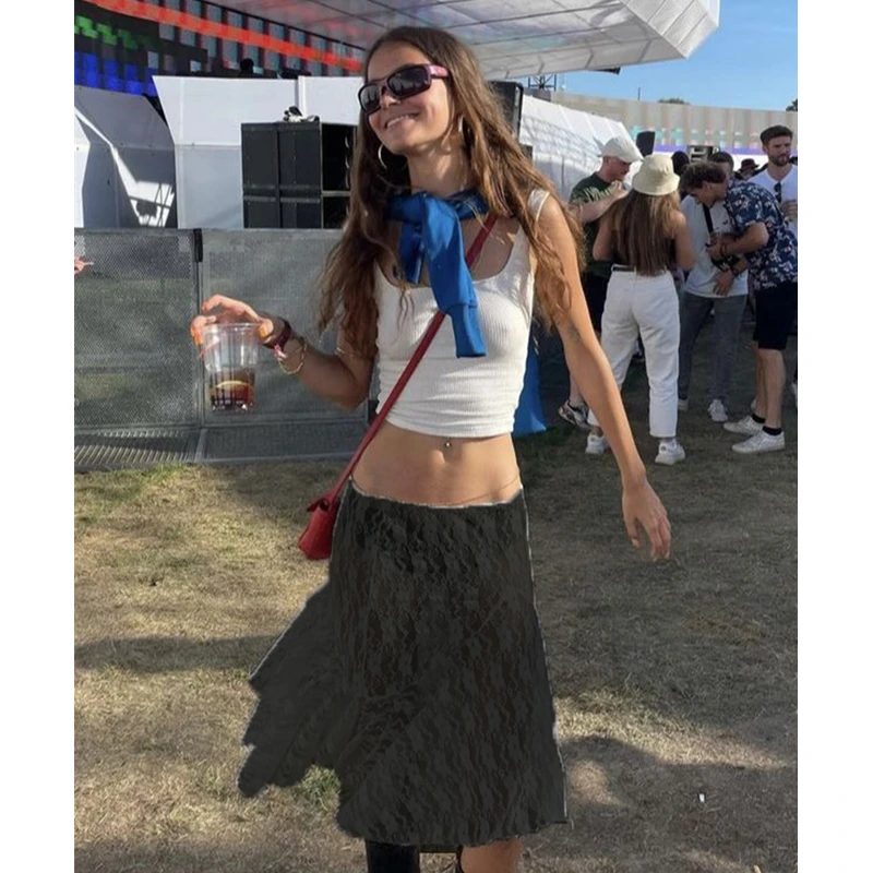 Lace Skirt Women White See Through Floral Lace Low Waist Midi Skirts y2k Aesthetic Fairycore Beach Skirt Clubwear