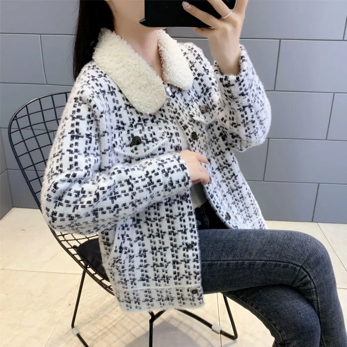 

Short Faux Mink Fleece Cardigan 2023 Autumn Winter New Korean Loose Women Coat Fur Collar Jackets Fashion Women Coat Y51