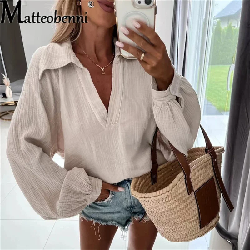 

2022 Autumn Fashion Women's Lantern Long-Sleeve Folds Patchwork Design Shirt Blouse Ladies Solid Color Casual Loose Pullover Top