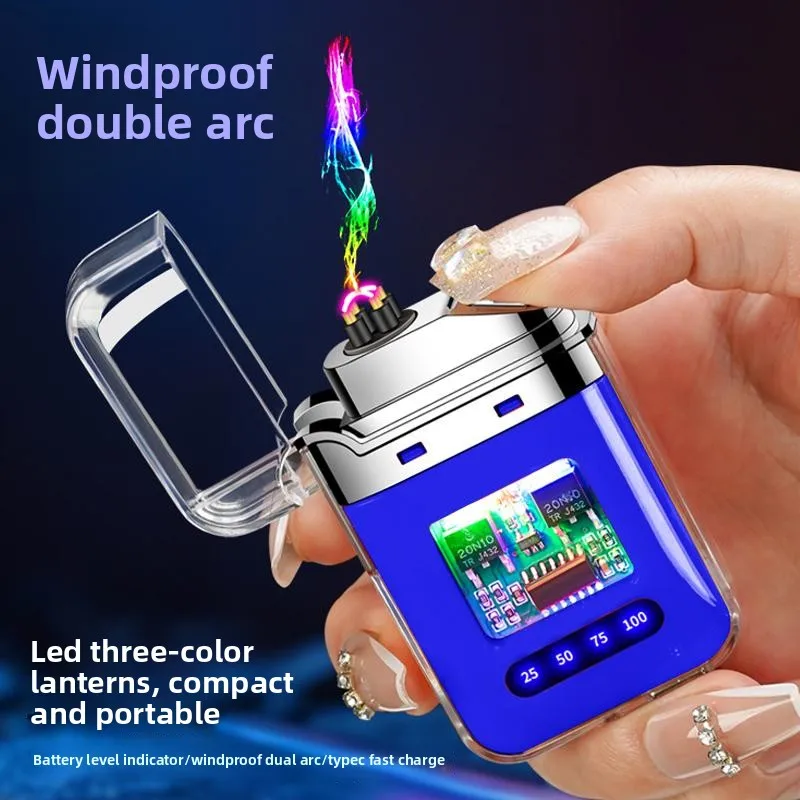 USB Rechargeable Lighter Electric Double Arc Plasma Outdoor Windproof Battery Display Type-C Smoking Accessories Men's Gifts