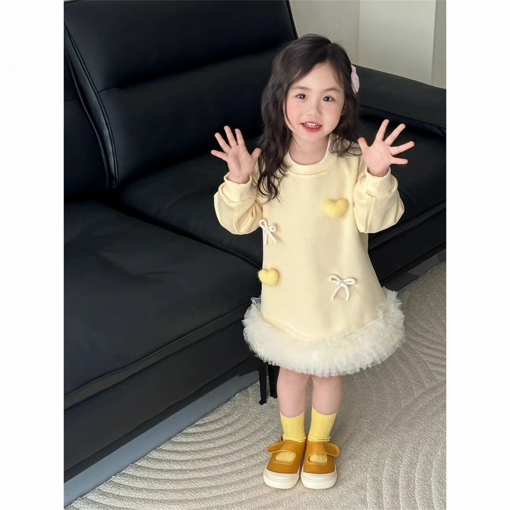 2023 herbst Prinzessin Mädchen Kleider Süße Nette Gelbe Liebe Kinder Kleid Lange Ärmeln Patchwork Koreanische Version kinder Kleidung – Detail 13
