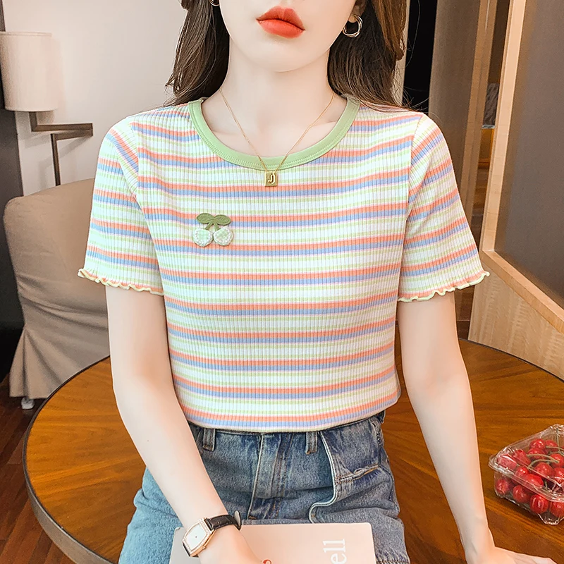 

2023 New Summer European Style Cotton Ruffles T-Shirt Women Chic Sexy O-Neck Color Blocking Striped Tops Short Sleeve Tees 37046