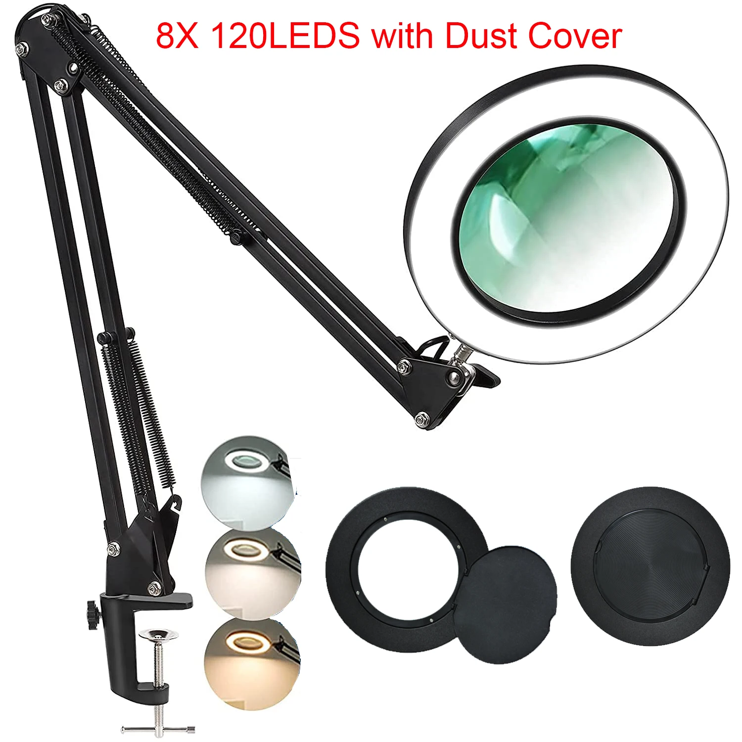 True8xFlexibleClamponTableLampMagnifierGlassSwingArmDimmable