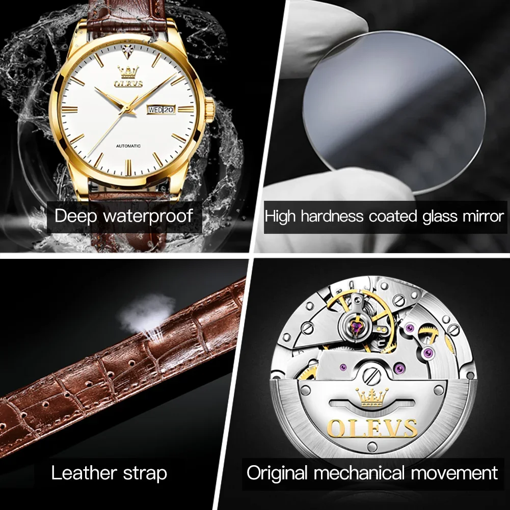 OLEVS 6629 Men Wristwatch Automatic Mechanical Genuine Leather Strap Business Watch For Men Luminous Waterproof