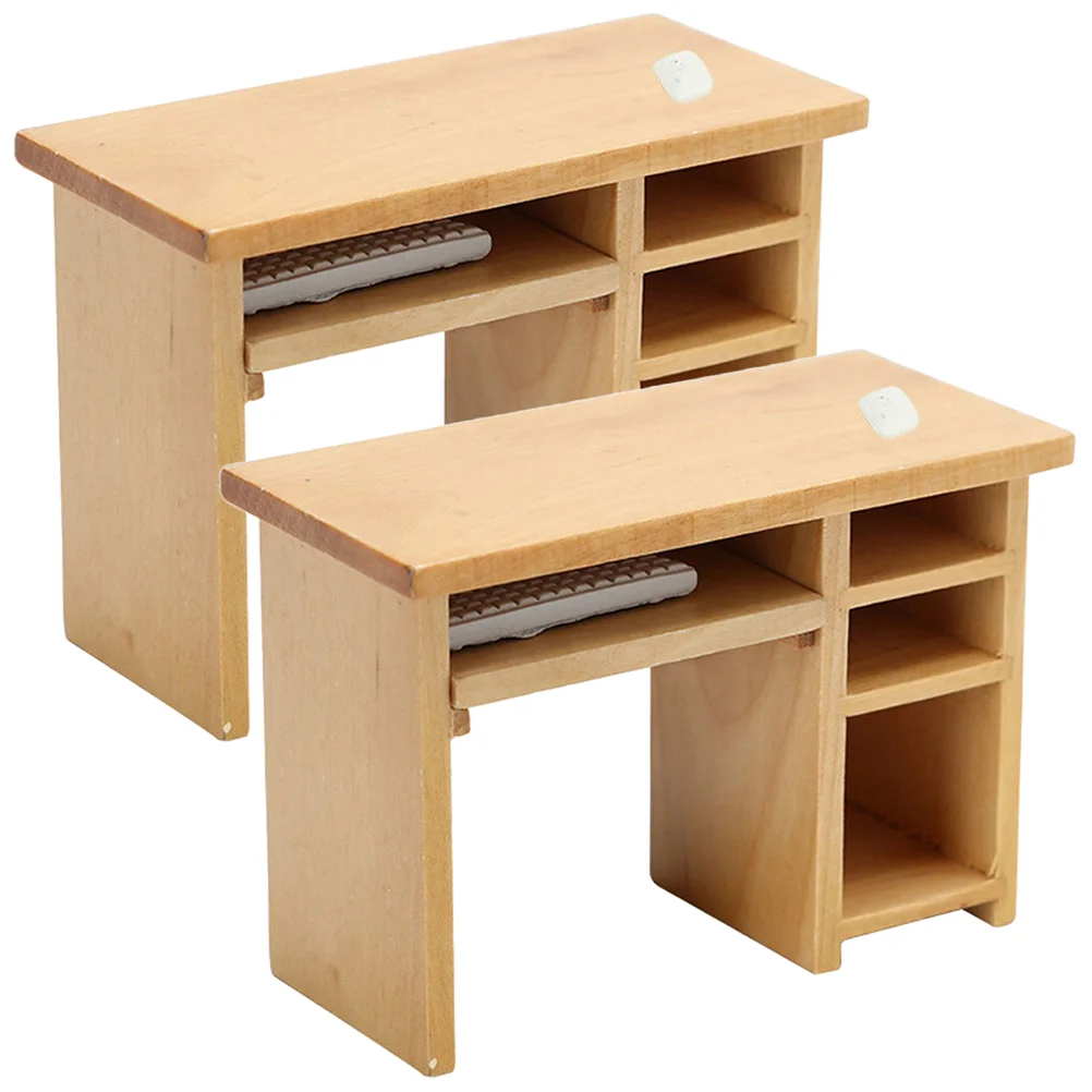 

2 Sets Dollhouse Computer Desk Mini Mouse Decorative Miniature Wood Model Miniatures Photo Prop Wooden Furniture Accessories
