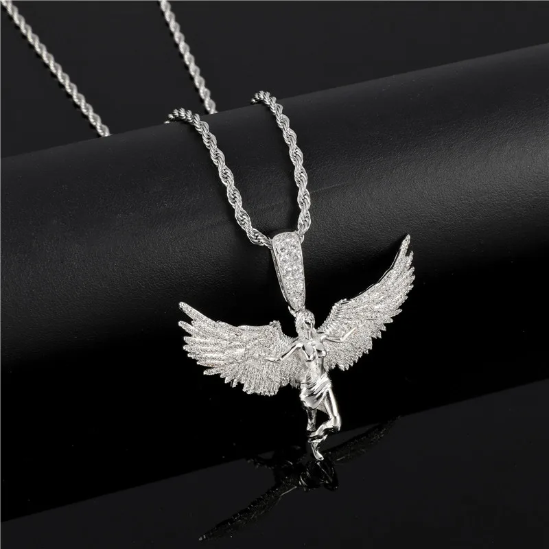 Iced Out Bling Angel Wings Pendant For Men Women Cubic Zirconia Necklace Chain Copper Material Hip Hop Jewelry
