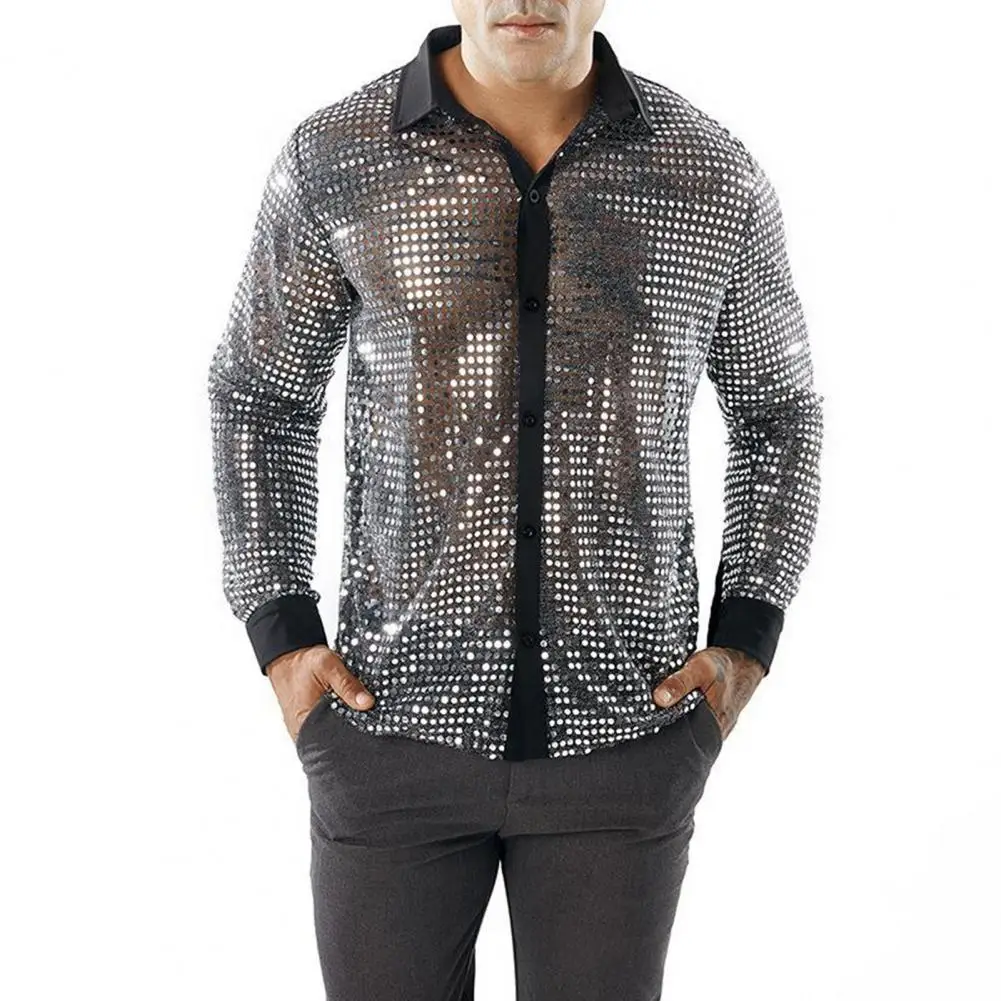 

Men Shirt Breathable Men Top Vintage 70s Men's Sequin Lapel Disco Shirt Shiny Glossy Slim Fit Single-breasted Party Performance
