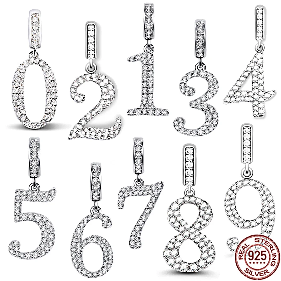 

Sparkling 0—9 Arabic Numerals Pendant Dangle Charm Bead 925 Sterling Silver Bead Fit Original Pandora Bracelet DIY Women Jewelry