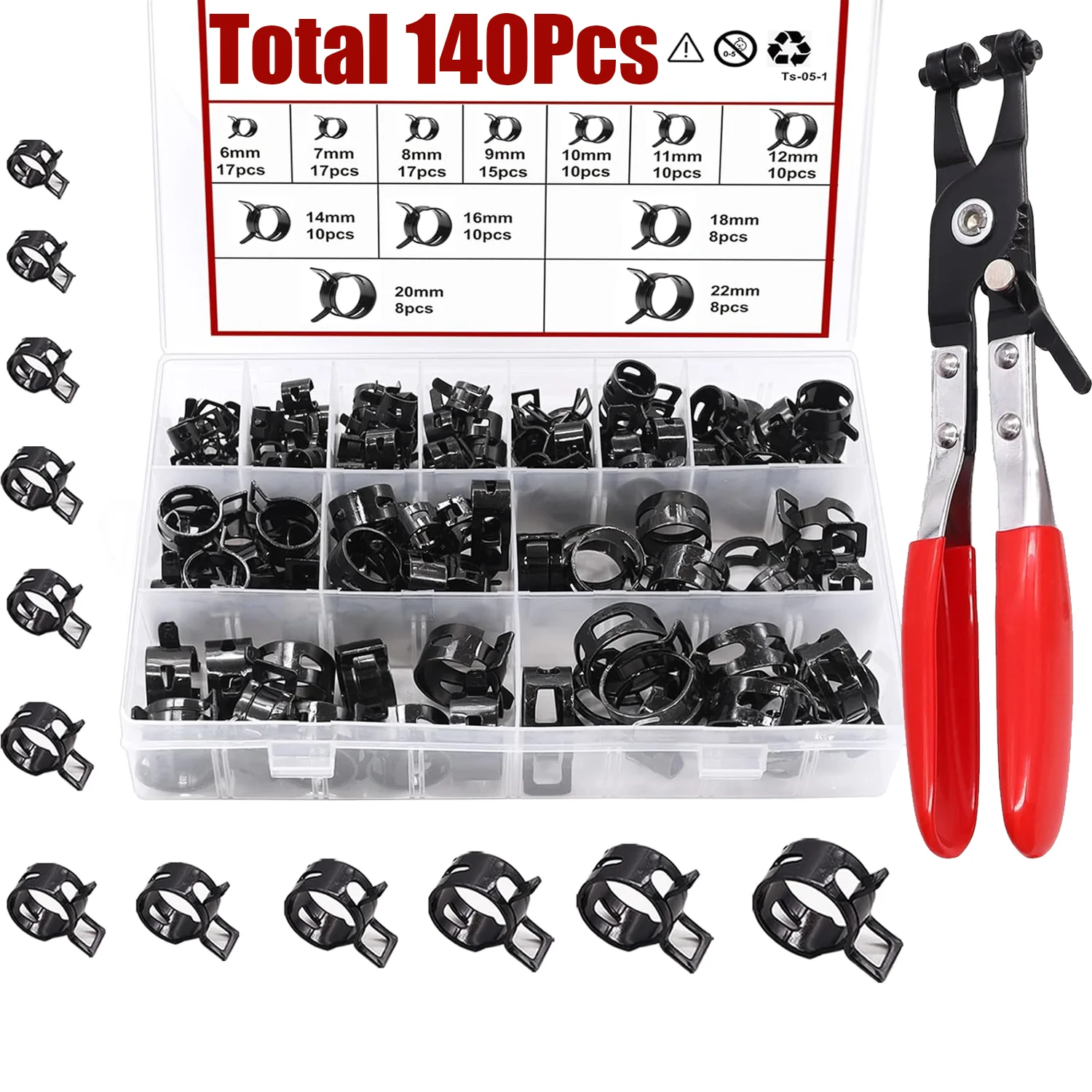 140pcs 6-22mm Black Q673B Vacuum Spring Fuel Oil Water Hose Clip Pipe Tube for Band Clamp Metal Fastener Assortment Kit + Plier
