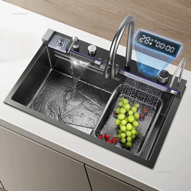 Raindance Waterfall Kitchen Sinks Nano Stainless Steel 304 Home Kitchen Wash Basin Digital Display Embossed Large Single Slot B 2