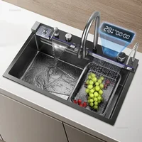 Raindance Waterfall Kitchen Sinks Nano Stainless Steel 304 Home Kitchen Wash Basin Digital Display Embossed Large Single Slot B 2