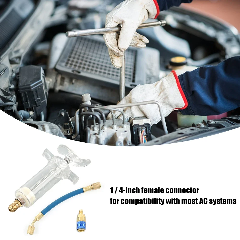 Car A/C Oil/Dye Injection 30Ml 1Oz With R-134A Low Side Quick Coupler Adapter 1/4  Air Conditioning Auto Manual Oiler Syringe