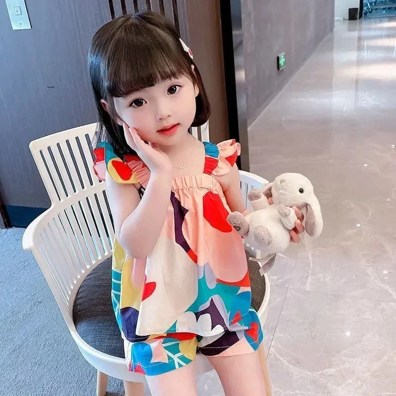 여름 여아 의류 세트, 서스펜더 탑 컬러, 꽃 조끼 및 어린이 캐주얼 바지, 작은 어린이 의류 세트