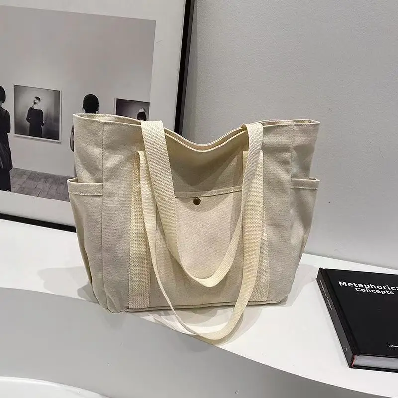 Canvas Women's Large Capacity Multiple Outer Pocket Zipper Shoulder Bag Student Handbag Shopping_voghion.com