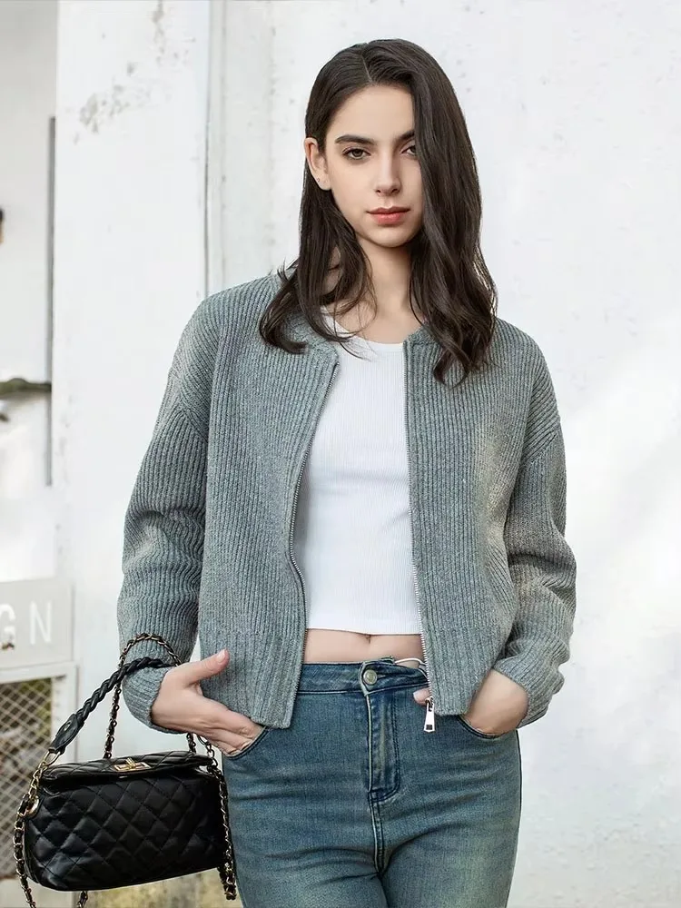 HH Women's Casual Zipper Solid Color Long Sleeve Sweater Jacket Vintage O-Neck Knitted Cardigan Autumn Winter Coat Outerwear