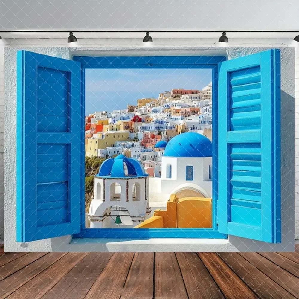 Nordische griechische Landschaft Santorini Insel Wandteppich Wandbehang blaue Kuppel Kirche Ägäis Strand ästhetische Hintergrund Party Dekoration – Detail 13