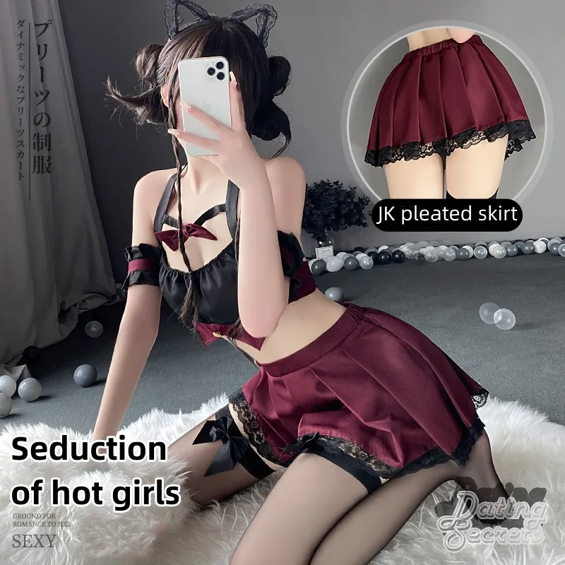 

Black Red Underwear Sexy Hollow Neck JK Student Bow Low Cut Lace Pleated Skirt Uniform Set Cosplay School Girls costumes