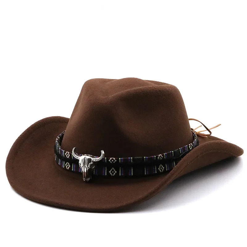 

Fashion Western Cowboy Hat with Cow Head Band Wide Brim Hats Pop Jazz Hat Winter Men Women Jazz Wool Hats Cow Girl Hat