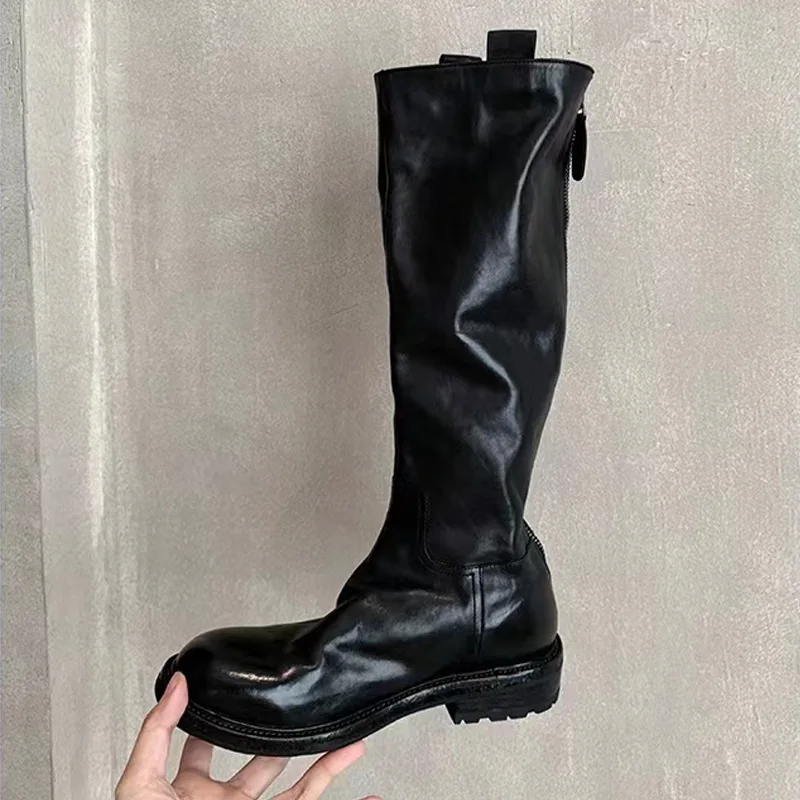 

Washed tall slimming mid-calf boots 2023 Autumn Winter New 1.107