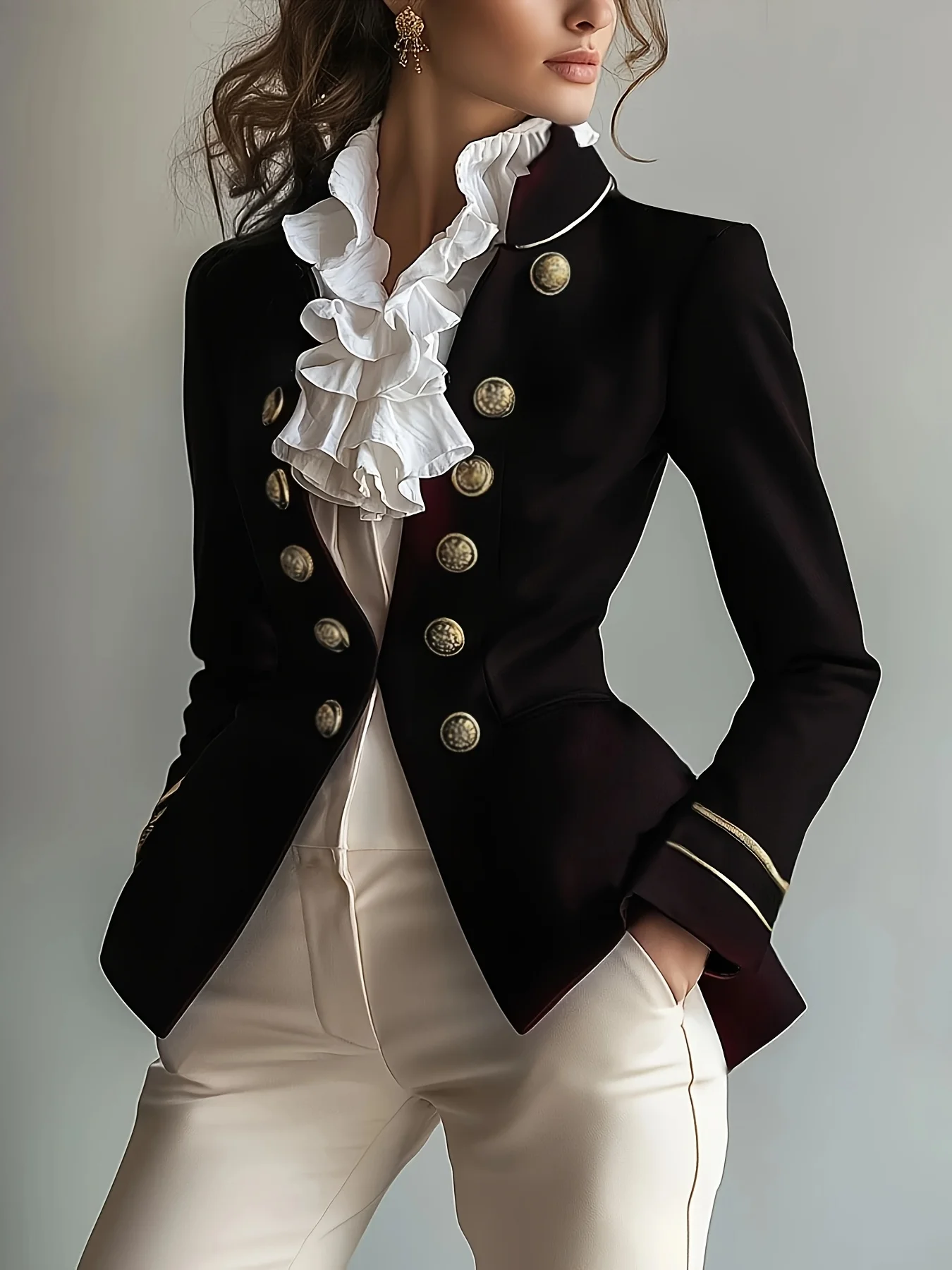 Elegant Black Double-Breasted Blazer with Golden Buttons