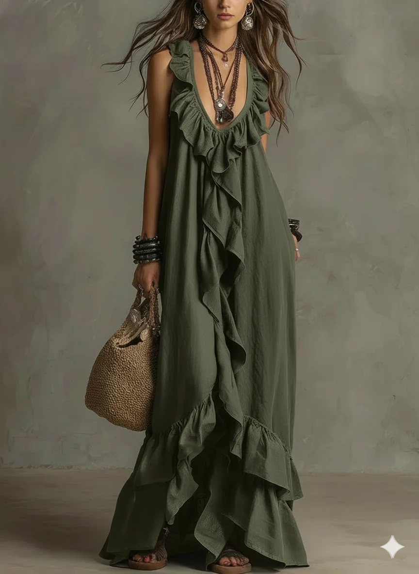 Loose Casual Dress Spring Summer Solid Color Elegant Fashion Bohemian Style Ruffled Loose Waist Sleeveless V-Neck Long Dresses