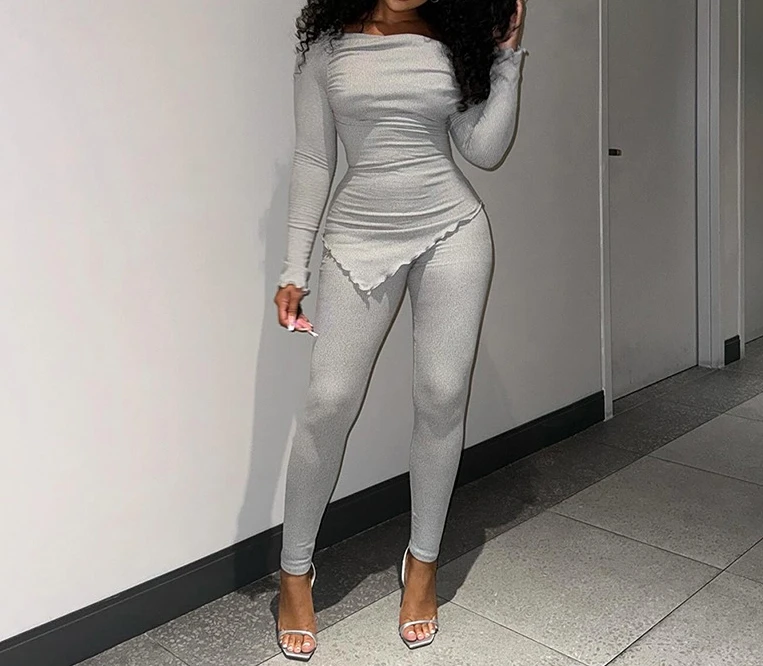 

Fashionable 2024 Spring Summer Women Two-Piece Diagonal Collar Long Sleeved Wooden Ear Edge Top Slim Fit Pants Casual Set